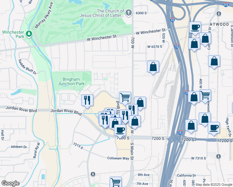map of restaurants, bars, coffee shops, grocery stores, and more near 6938 Zandi Drive in Midvale