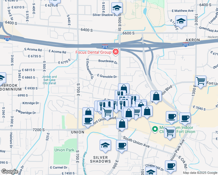 map of restaurants, bars, coffee shops, grocery stores, and more near 6918 South 855 East in Midvale
