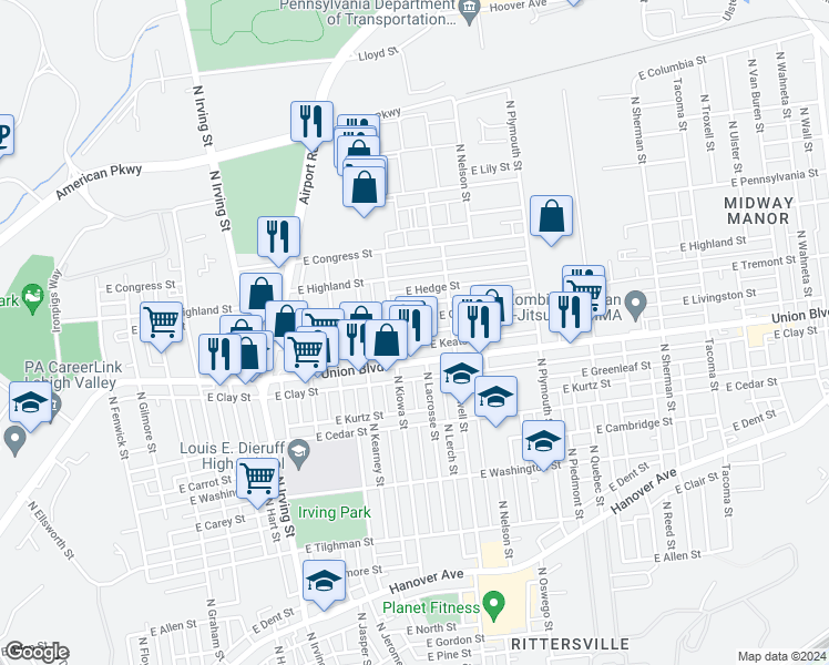 map of restaurants, bars, coffee shops, grocery stores, and more near 1149 East Livingston Street in Allentown