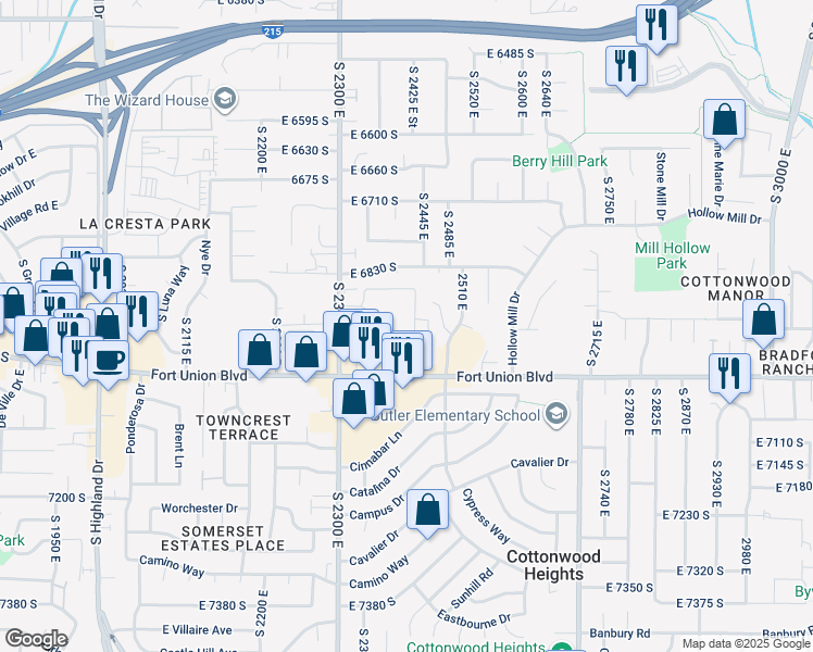 map of restaurants, bars, coffee shops, grocery stores, and more near 2420 East 6895 South in Cottonwood Heights