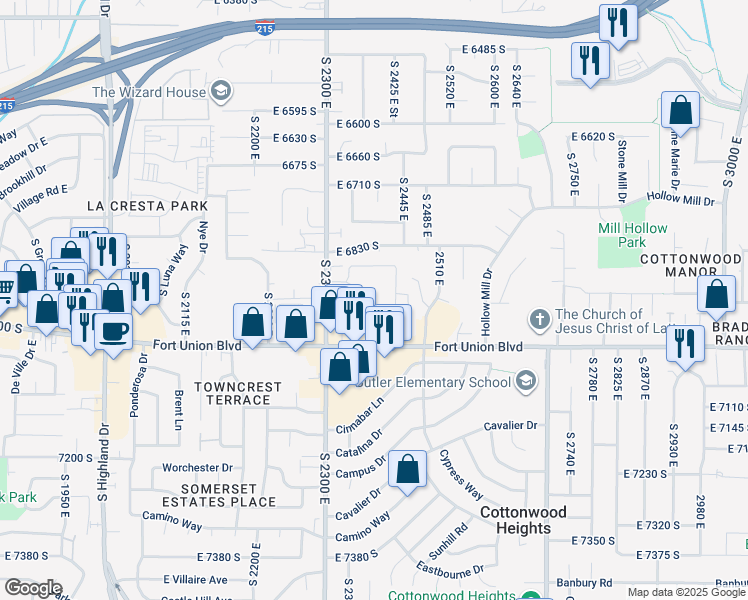 map of restaurants, bars, coffee shops, grocery stores, and more near 2420 East 6895 South in Cottonwood Heights