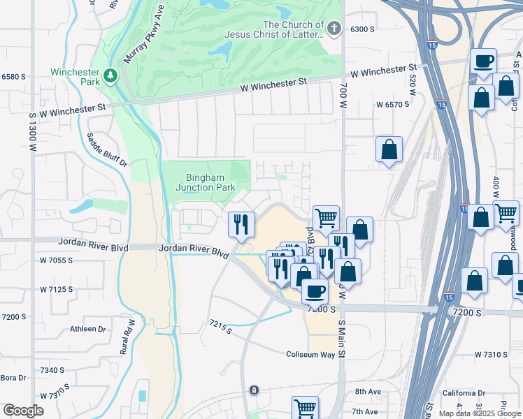 map of restaurants, bars, coffee shops, grocery stores, and more near 6912 Village Haven Lane in Midvale
