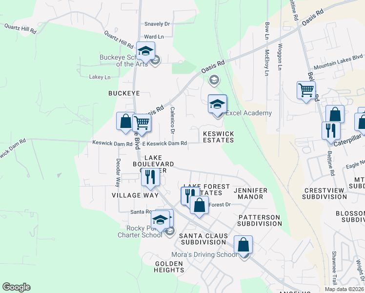 map of restaurants, bars, coffee shops, grocery stores, and more near 3514 East Keswick Dam Road in Redding