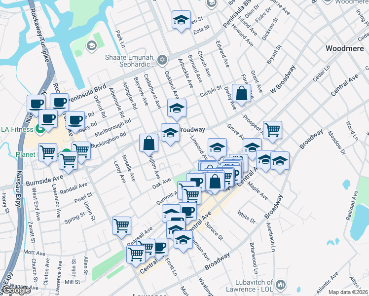map of restaurants, bars, coffee shops, grocery stores, and more near 530 Park Place in Cedarhurst