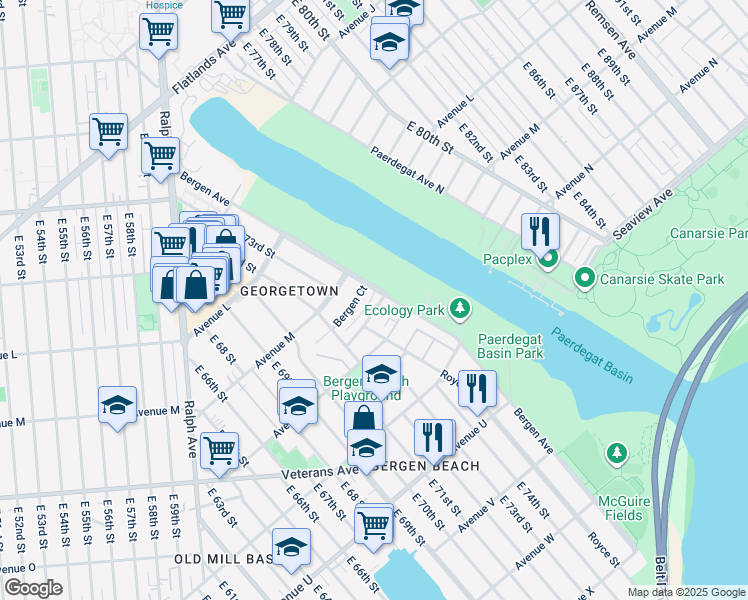 map of restaurants, bars, coffee shops, grocery stores, and more near 7268 Bergen Court in Brooklyn