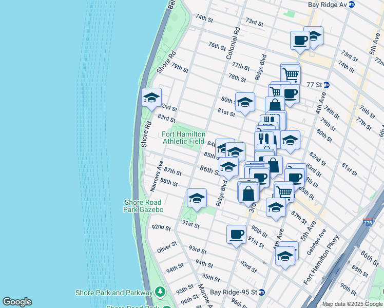 map of restaurants, bars, coffee shops, grocery stores, and more near 78 85th Street in Brooklyn