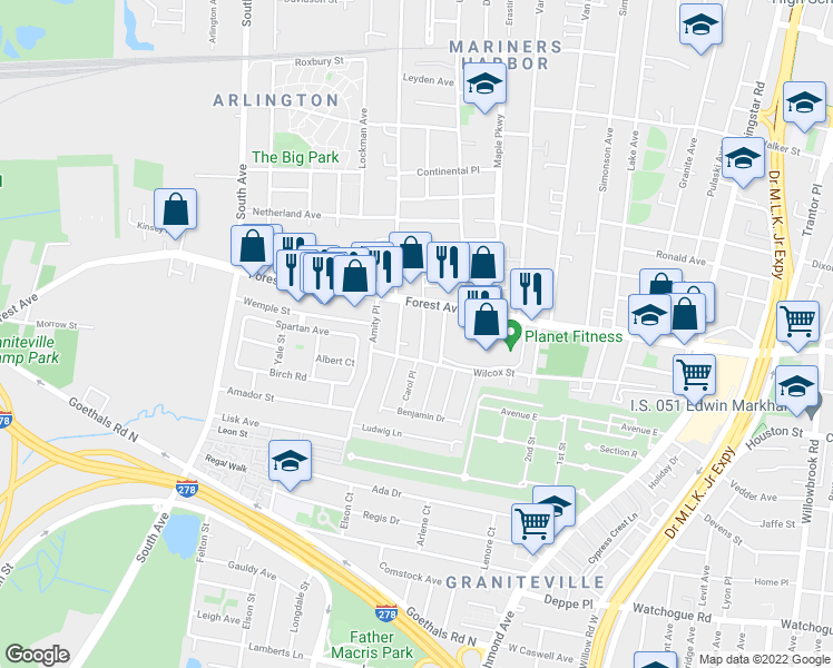 map of restaurants, bars, coffee shops, grocery stores, and more near 15 Summerfield Place in Staten Island