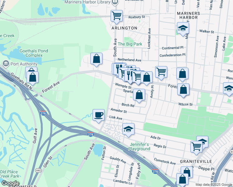 map of restaurants, bars, coffee shops, grocery stores, and more near 119 Spartan Avenue in Staten Island