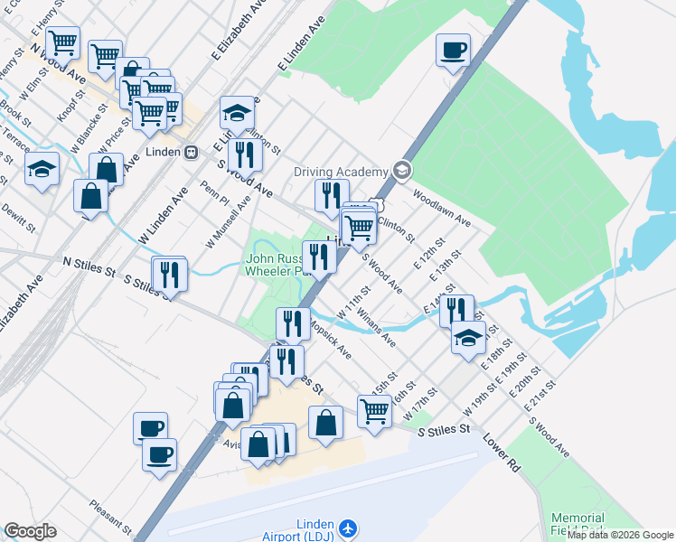map of restaurants, bars, coffee shops, grocery stores, and more near in Linden