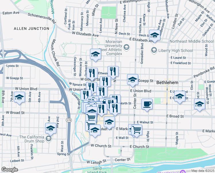 map of restaurants, bars, coffee shops, grocery stores, and more near 33 West Goepp Street in Bethlehem