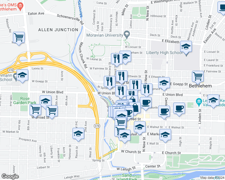 map of restaurants, bars, coffee shops, grocery stores, and more near 115 West Goepp Street in Bethlehem