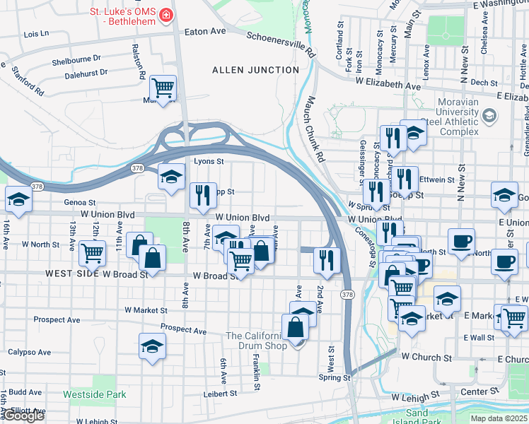 map of restaurants, bars, coffee shops, grocery stores, and more near 821 4th Avenue in Bethlehem