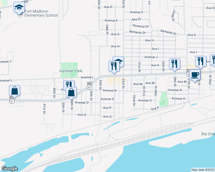 map of restaurants, bars, coffee shops, grocery stores, and more near 3402 Avenue L in Fort Madison