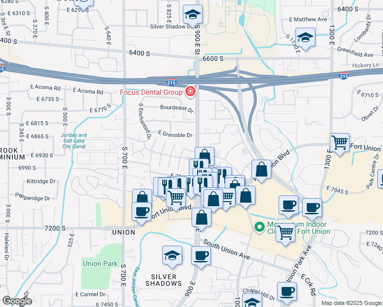 map of restaurants, bars, coffee shops, grocery stores, and more near 888 East 6895 South in Midvale