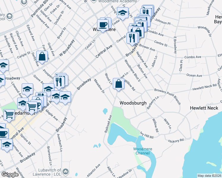 map of restaurants, bars, coffee shops, grocery stores, and more near 41 Wood Lane in Woodmere