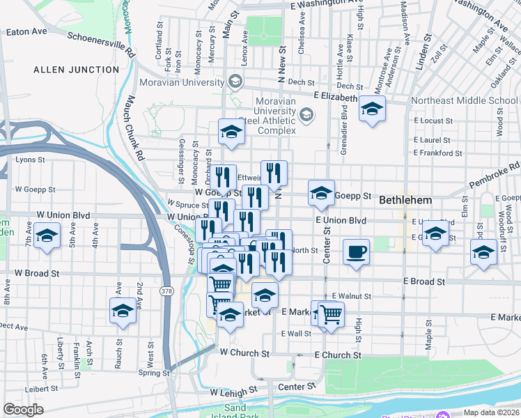 map of restaurants, bars, coffee shops, grocery stores, and more near 33 West Goepp Street in Bethlehem