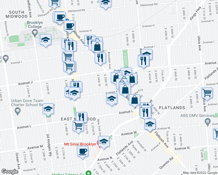 map of restaurants, bars, coffee shops, grocery stores, and more near 1012 East 36th Street in Brooklyn