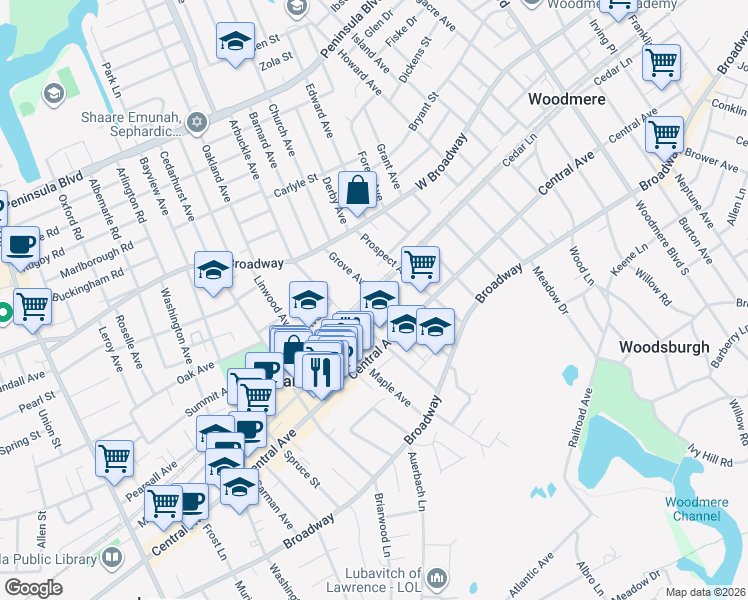 map of restaurants, bars, coffee shops, grocery stores, and more near 140 Grove Avenue in Cedarhurst
