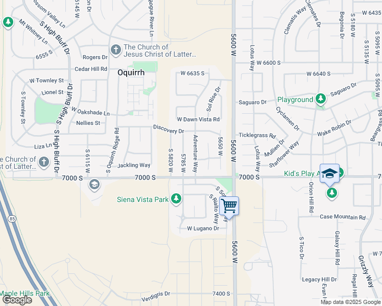 map of restaurants, bars, coffee shops, grocery stores, and more near 6914 Adventure Way in West Jordan