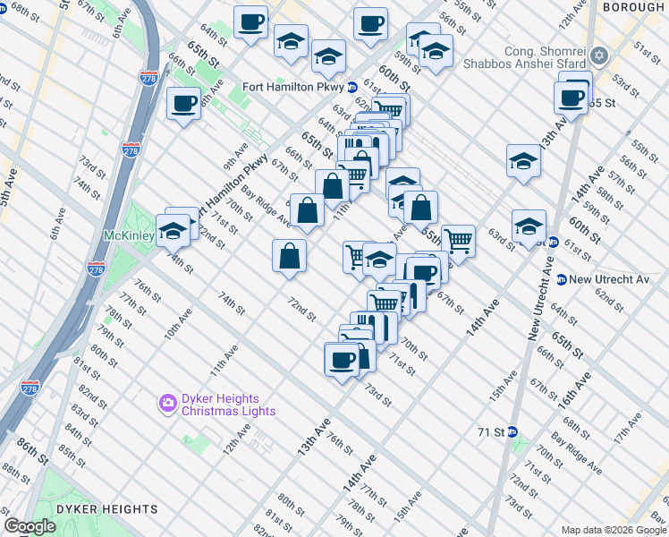 map of restaurants, bars, coffee shops, grocery stores, and more near 1144 68th Street in Brooklyn