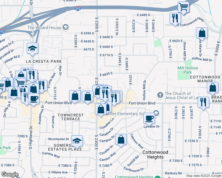 map of restaurants, bars, coffee shops, grocery stores, and more near 2385 East 6895 South in Cottonwood Heights