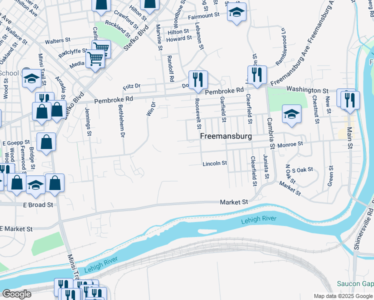 map of restaurants, bars, coffee shops, grocery stores, and more near 1040 Kossuth Street in Freemansburg