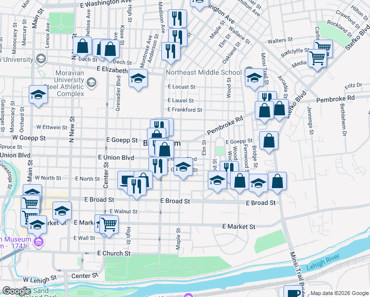 map of restaurants, bars, coffee shops, grocery stores, and more near in Bethlehem