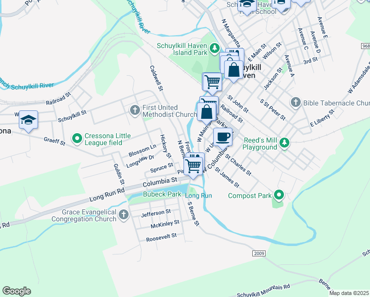 map of restaurants, bars, coffee shops, grocery stores, and more near 74 North Berne Street in Schuylkill Haven