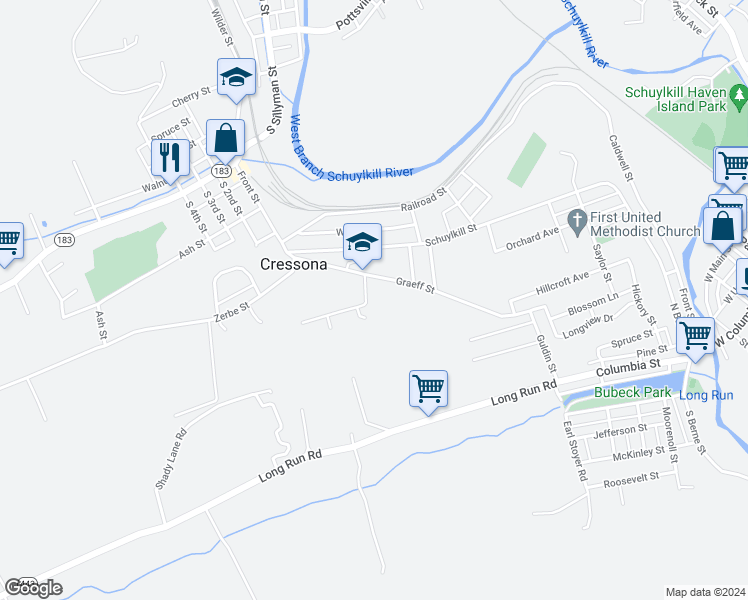 map of restaurants, bars, coffee shops, grocery stores, and more near 199 Southview Drive in Cressona