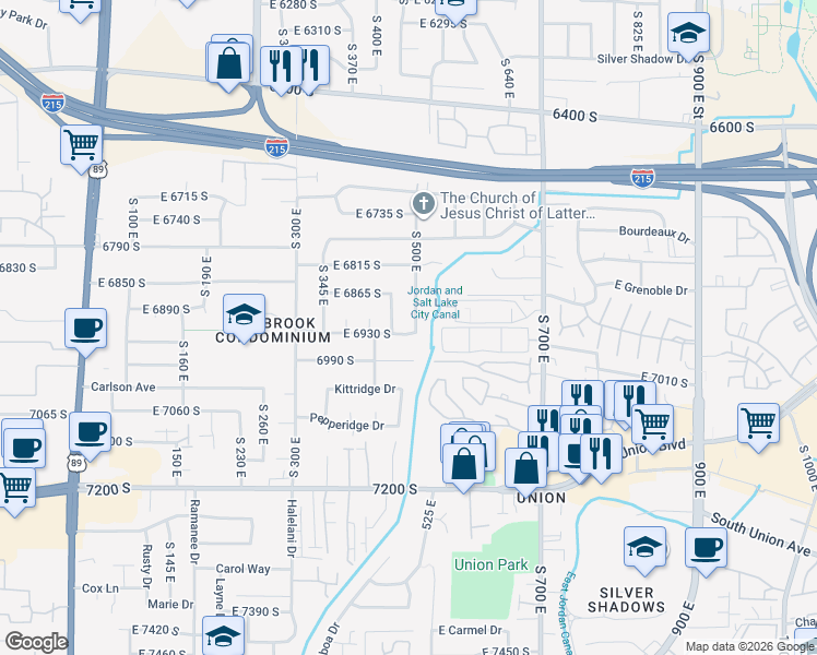 map of restaurants, bars, coffee shops, grocery stores, and more near 6888 South 500 East in Midvale