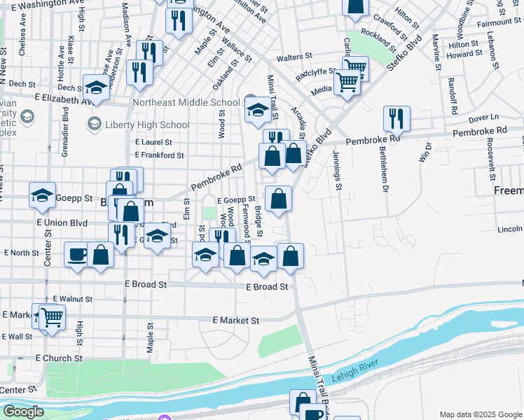 map of restaurants, bars, coffee shops, grocery stores, and more near 732 East Goepp Street in Bethlehem