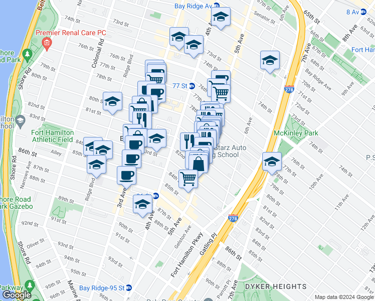 map of restaurants, bars, coffee shops, grocery stores, and more near 444 81 Street in Brooklyn