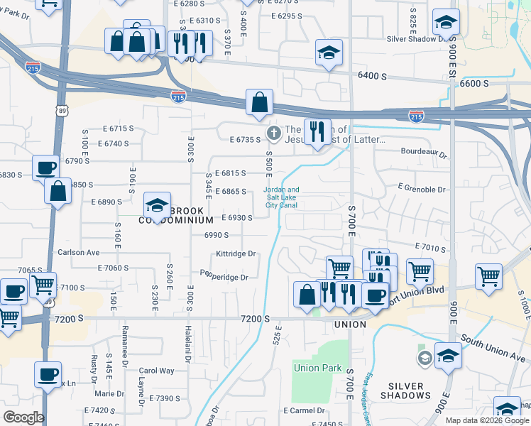 map of restaurants, bars, coffee shops, grocery stores, and more near 6888 South 500 East in Midvale