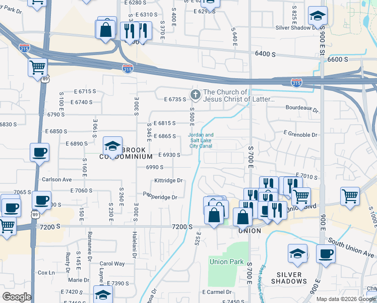 map of restaurants, bars, coffee shops, grocery stores, and more near 6888 South 500 East in Midvale