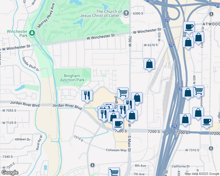 map of restaurants, bars, coffee shops, grocery stores, and more near 6913 Suzanne Drive in Midvale
