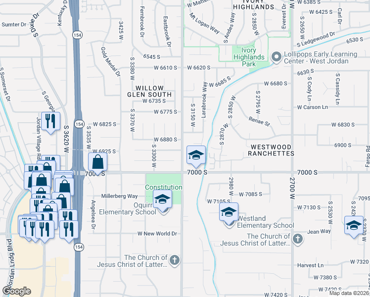 map of restaurants, bars, coffee shops, grocery stores, and more near 3213 West 6880 South in West Jordan