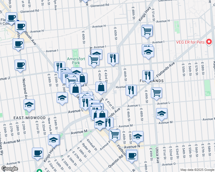 map of restaurants, bars, coffee shops, grocery stores, and more near 4211 Avenue K in Brooklyn