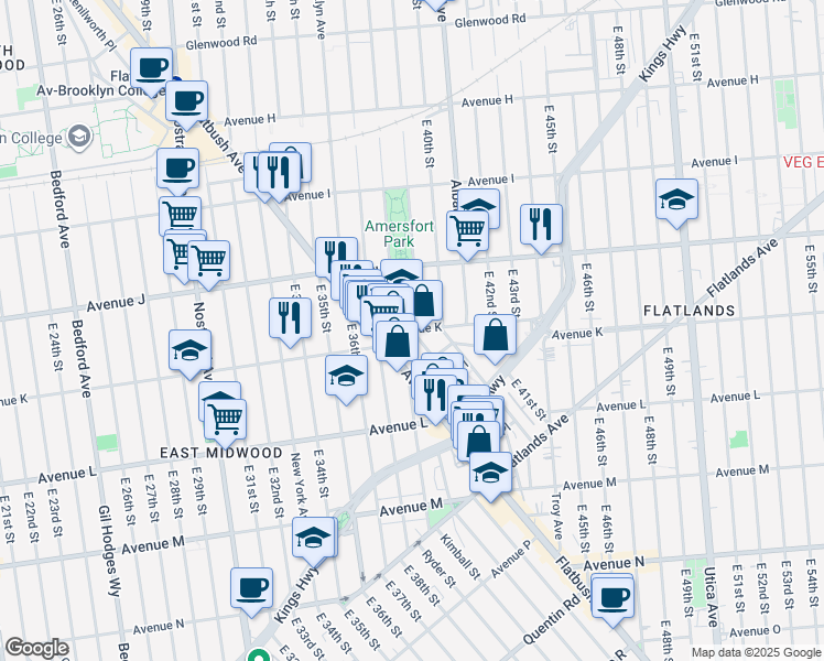 map of restaurants, bars, coffee shops, grocery stores, and more near 3905 Avenue K in Brooklyn