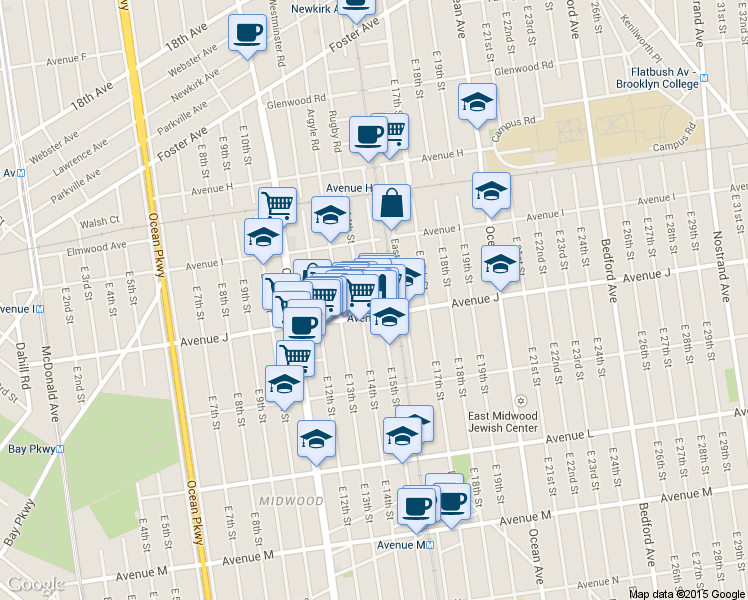 map of restaurants, bars, coffee shops, grocery stores, and more near 963 East 14th Street in Brooklyn