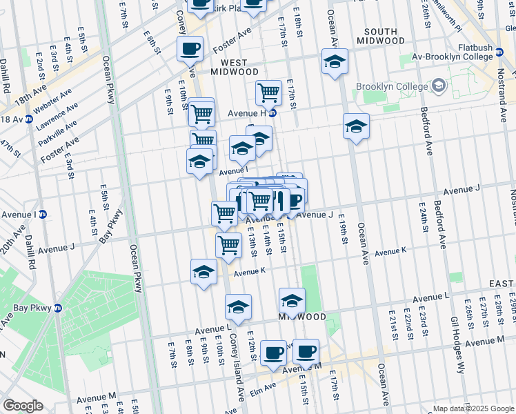 map of restaurants, bars, coffee shops, grocery stores, and more near 963 East 14th Street in Brooklyn