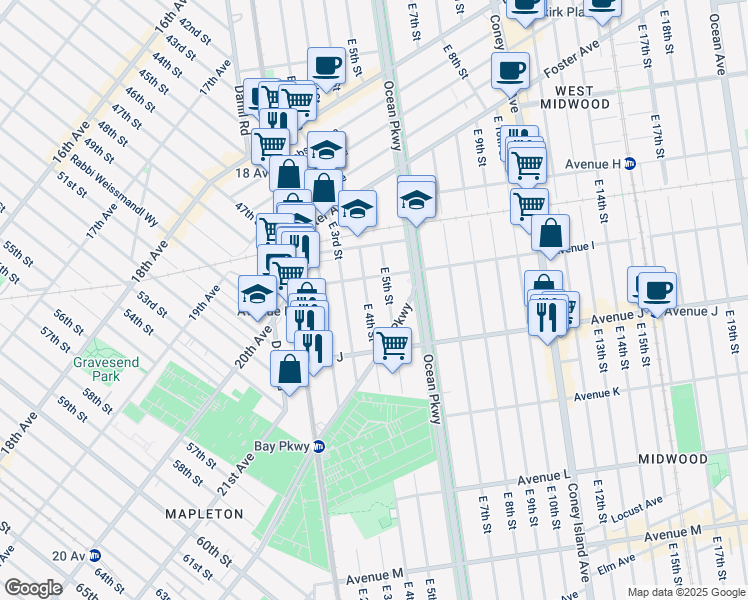 map of restaurants, bars, coffee shops, grocery stores, and more near 1036 East 5th Street in Brooklyn