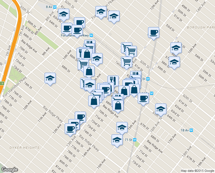 map of restaurants, bars, coffee shops, grocery stores, and more near 1257 66th Street in Brooklyn