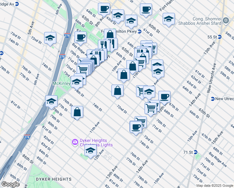 map of restaurants, bars, coffee shops, grocery stores, and more near 1053 71st Street in Brooklyn