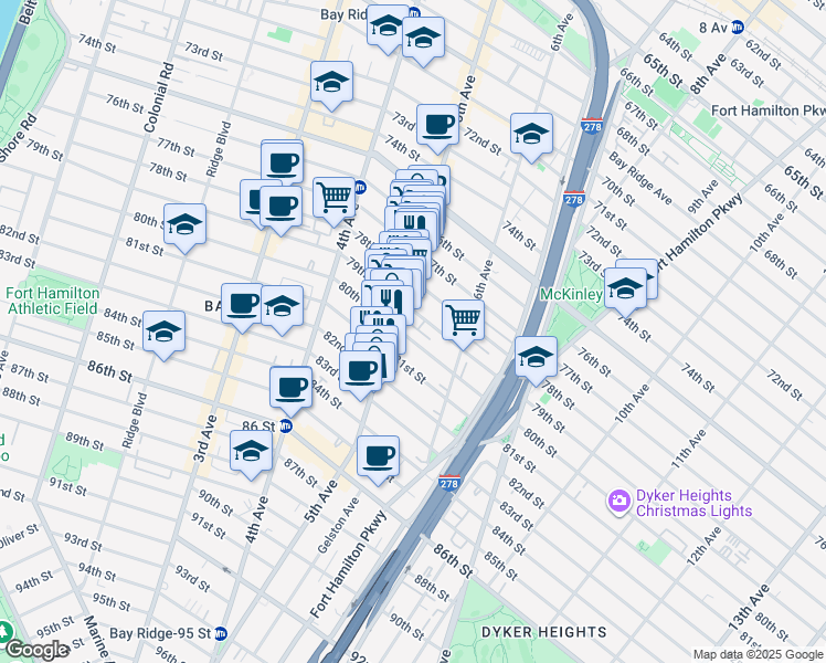 map of restaurants, bars, coffee shops, grocery stores, and more near 516 79th Street in Brooklyn