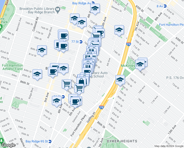 map of restaurants, bars, coffee shops, grocery stores, and more near 516 79th Street in Brooklyn
