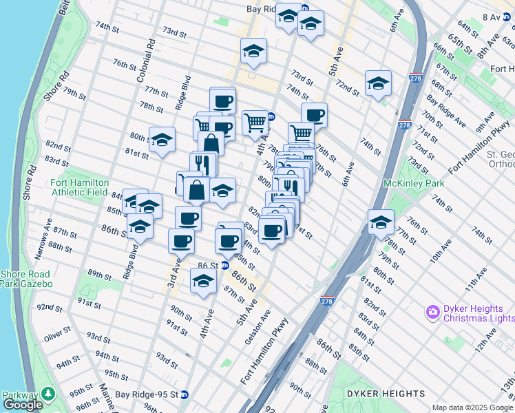 map of restaurants, bars, coffee shops, grocery stores, and more near 416 81st Street in Brooklyn