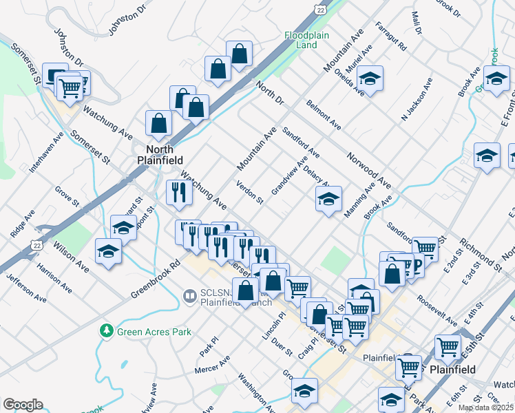 map of restaurants, bars, coffee shops, grocery stores, and more near 19 Verdon Street in North Plainfield
