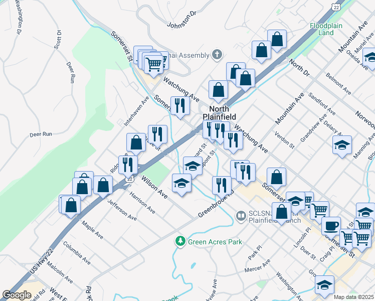 map of restaurants, bars, coffee shops, grocery stores, and more near 10 New Walnut Street in North Plainfield