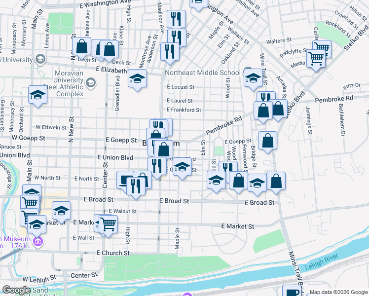 map of restaurants, bars, coffee shops, grocery stores, and more near in Bethlehem