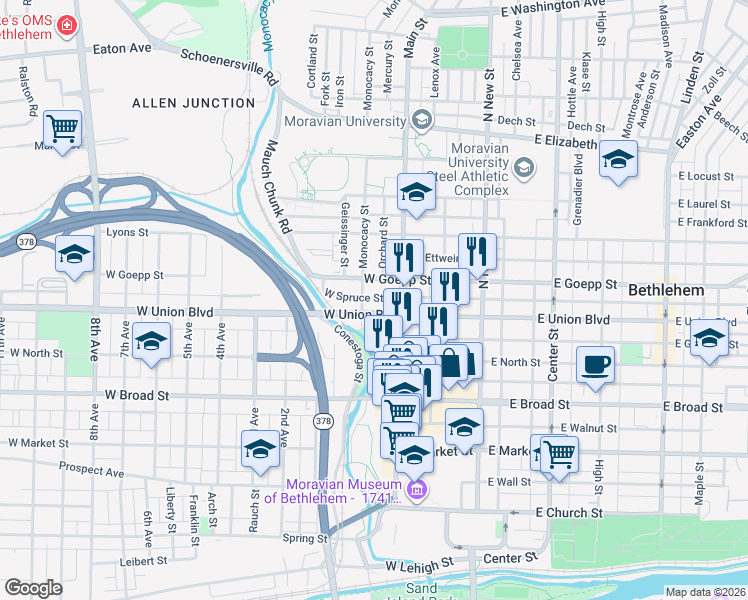 map of restaurants, bars, coffee shops, grocery stores, and more near 115 West Goepp Street in Bethlehem